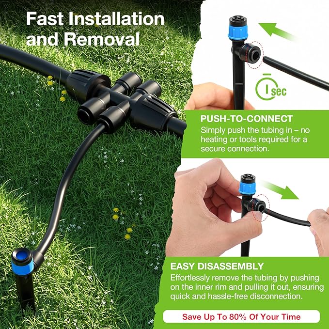 MIXC Greenhouse Micro Drip Irrigation Kit Automatic Irrigation System Patio Misting Plant Watering System with 1/4 inch 1/2 inch Irrigation Tubing Hose Adjustable Nozzle Emitters Barbed Fittings
