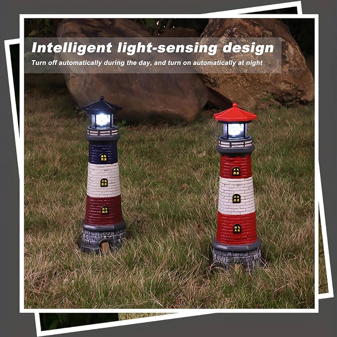 Solar Lighthouse Garden Outdoor Statues, Waterproof Lawn Lights Decor; Automatic Rotating Solar Lights for Yard, Patio, Ground, Tabletop Decoration; Unique Housewarming Gifts - 2PACK
