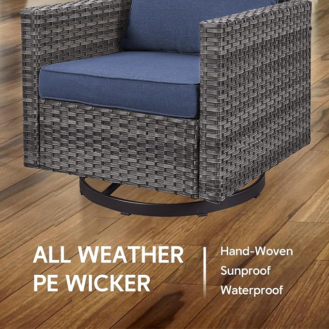 6 Piece Wicker Patio Furniture Set - Outdoor Swivel Rocker Chairs Set with Coffee Table, 3 Seat Sofa & Ottomans, Small Patio Conversation Sets Proch Furniture for Balcony Deck - Grey/Blue