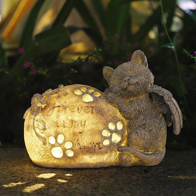 Cat Memorial Gifts Outdoor Statue with Solar Lights,Outdoor Resin Pet Ornament Grave Memorial Angel Decor Stone Effect