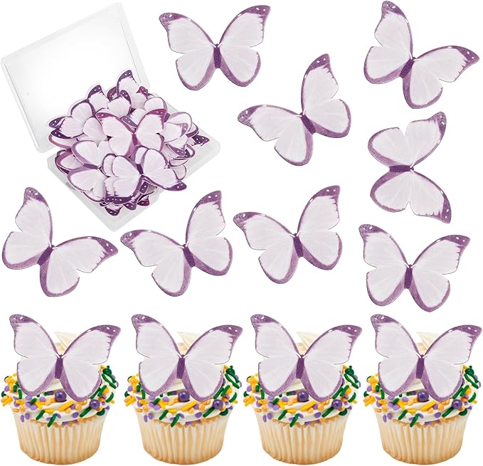 50 PCS Edible Butterfly Cupcake Toppers Wafer Paper Butterfly Cake Decorations Edible Butterfly Party Cupcake Decorations for Baby Shower Wedding Birthday Party Food Decorations Supplies Purple