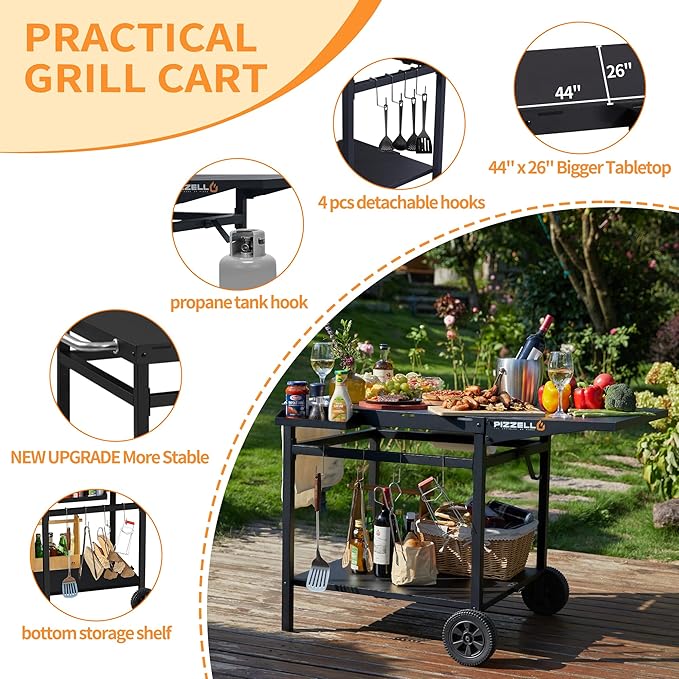 Outdoor Grill Table 44" x 26" Movable Pizza Oven Stand Foldable Double-Shelf Grill Cart Fit for 12/16inch Oven Ooni Ninja Woodfire Blackstone