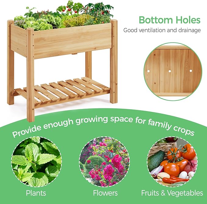 Yaheetech 34x18x30in Horticulture Raised Garden Bed Planter Box with Legs & Storage Shelf Wooden Elevated Vegetable Growing Bed for Flowers, Plants, Backyard, Patio, Balcony, Light Brown