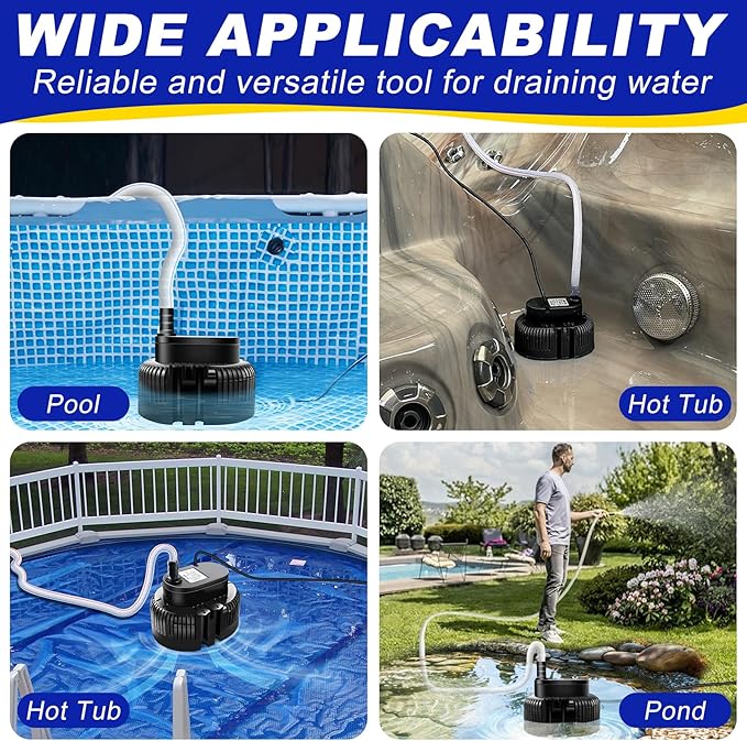 Pool Cover Pump above Ground-Submersible Sump Pump Swimming Water Removal Pumps, Sump Pump for Pool Draining with 16ft Drainage Hose & 25 ft Extra Long Power Cord,850 GPH,3 Adapters-Black
