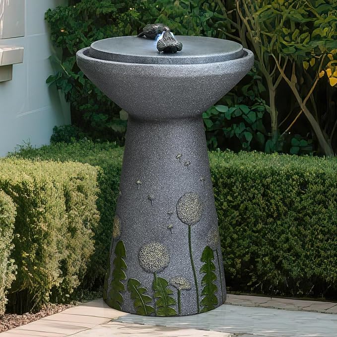 30.7" Outdoor Garden Floor-Standing Water Fountain with LED Light and Pump, Two Birds Embossed Pattern Pedestal Ceramic Watefall for Patio, Backyard, Deck, Porch and Home Art Decor