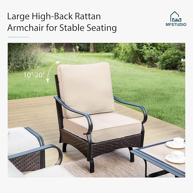 MFSTUDIO 7 PCS Outdoor Patio Furniture Set, Metal Outdoor Conversation Set, Rattan Wicker Patio Sectional with 2 x Fixed and Rocking Single Sofa, 3-Seat Sofa, 2 x Ottoman, Beige