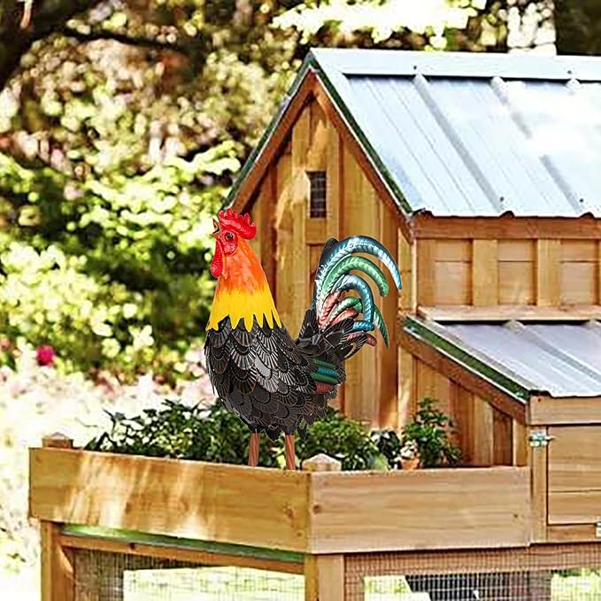 XONOR Metal Rooster Statues, Garden Chicken Decorations, Outdoor Chicken Sculpture, Metal Yard Rooster Artwork for Outdoor, Patio, Backyard and Home Kitchen Decoration (1pc, Dark Brown)