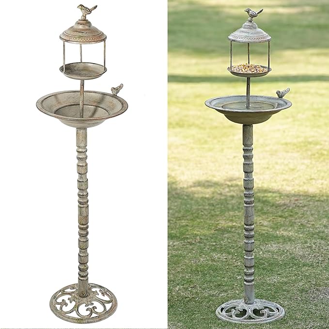 44.5" H Outdoor Metal Bird Bath Combo, Metal Bird Bath Bowl and Bird Feeder 2 in 1 Garden Yard Decoration