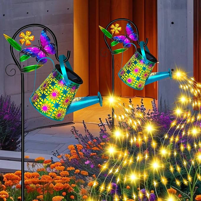 Solar Watering Can with Lights, Waterproof Solar Lantern with Butterfly Shepherd Hook, Hanging Garden Lights for Patio Yard Lawn Porch Outdoor Decoration, Unique Garden Gifts for Women