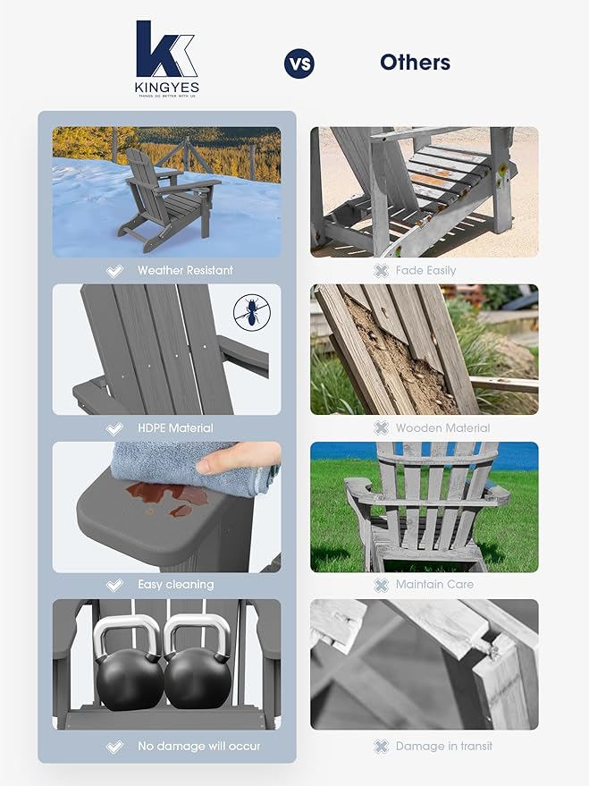 KINGYES Folding Adirondack Chair Set of 6, Dual Cup Holders & All-Weather HDPE, Wood-Like Patio Chair for Backyard, Camping, Pool & Fire Pit, Grey