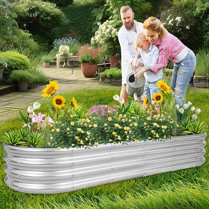 1MORE Galvanized Raised Garden Bed- Planter Garden Boxes Outdoor, Raised Beds for Gardening, 6x2x1ft Metal Garden Bed Kit for Vegetables Flower, Planter Raised Beds with Protective Tape & Tools.Silver