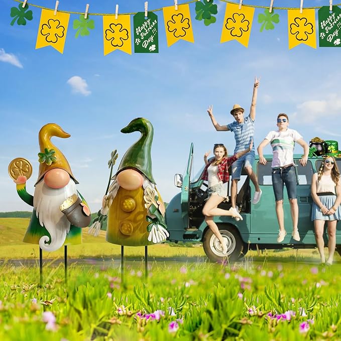 HONGLAND St.Patricks Day Decorations Outdoor Green Gnomes, Metal Gnomes Figurine Irish Leprechaun St Patricks Day Decor, Luck Shamrock Gnome for Home Outside Garden Lawn Party Yard Patio (18 INCH)