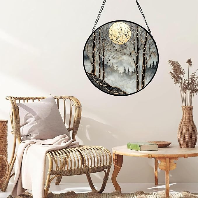Stained Glass Window Hanging - Black and White Gold Moon Forest Sun Catcher for Door Home Decor Suncatcher Christmas Mother's Day Birthday Gifts for Women Men Lovers Mom Nana 15 in