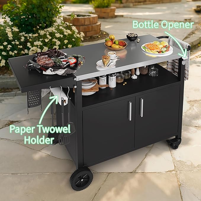 Shintenchi Outdoor Grill Cart Table with Stainless Steel Top for Kitchen Prep and BBQ, Outdoor Kitchen Island Table with Side Handle, Multifunctional Outdoor Grill Table, Black