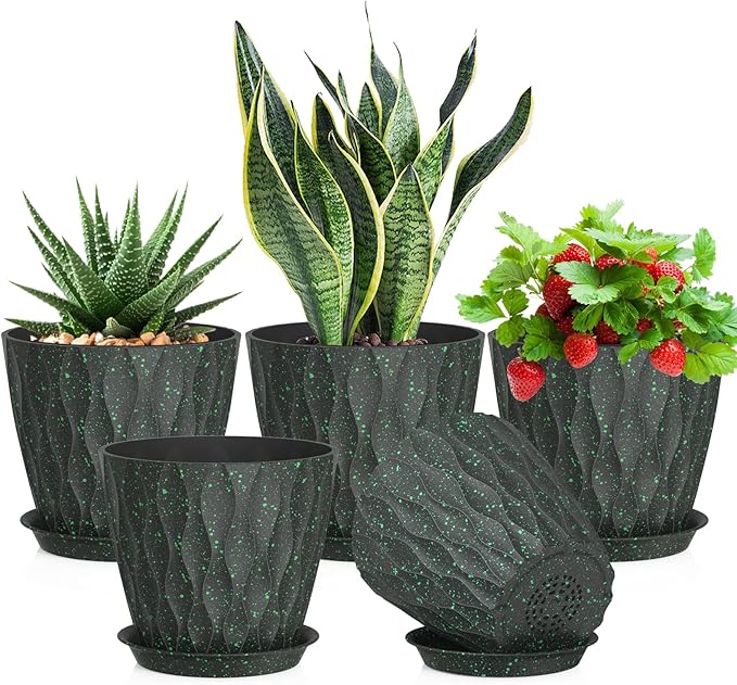 7 inch Plant Pots for Indoor Outdoor Plants, 5 Pack Thick Flower Pots with Drainage Holes and Saucers, 3D Modern Wave Texture Plastic Planter Nursery Pots, Black with Green Speckles