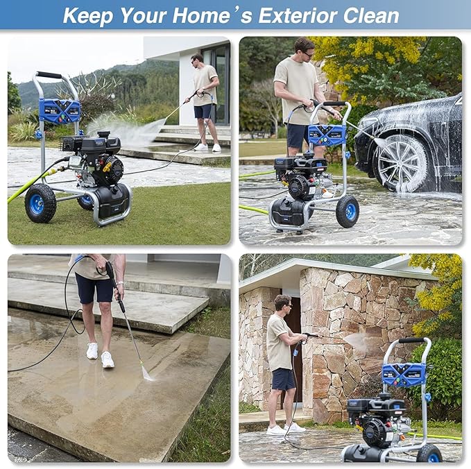 3500PSI Gas Pressure Washer, 2.3GPM Gas Powered High Pressure Washer with 209CC Engine, 4 Adjustable Nozzles, 25 ft High Pressure Hose for Cleaning Walls, Terraces, Vehicles, Garden (Blue)