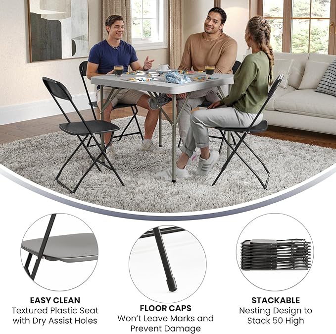 Flash Furniture Hercules Series Plastic Folding Chairs for Parties and Weddings, Stackable Commercial Event Seats with 650-lb. Static Weight Capacity, Set of 6, Black