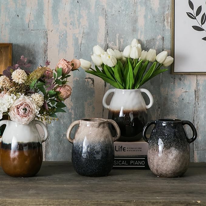 White Gradient Ceramic Vase with 2 Handles, Modern Farmhouse Decor, Rustic Terracotta Pottery, Decorative Flower Vases, Clay Small Vase, Centerpiece for Dining Table - 7 Inch Tall