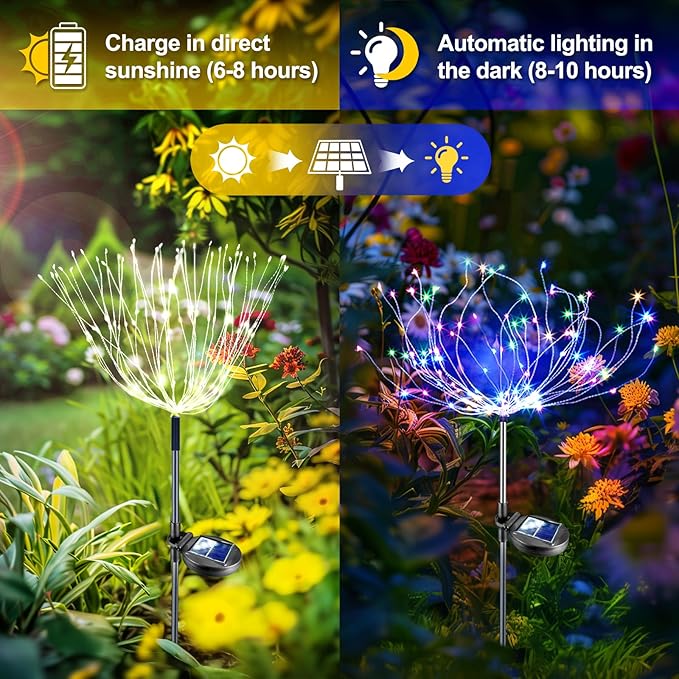 Anordsem Solar Garden Lights Solar Lights Outdoor Decor Lights DIY Dimmable Multi-Color Artificial Tree Solar LED Fireworks Stake Lights Auto ON-Off for Garden Pathway Christmas Halloween 2-P