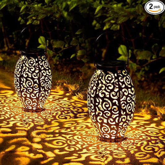 Solar Lanterns Outdoor Waterproof, 2 Pack Solar Garden Lanterns, LED Hanging Lanterns Solar Powered with Handle, Garden Decorative Retro Metal Solar Light for Table Pathway Walkway, Gardening Gifts