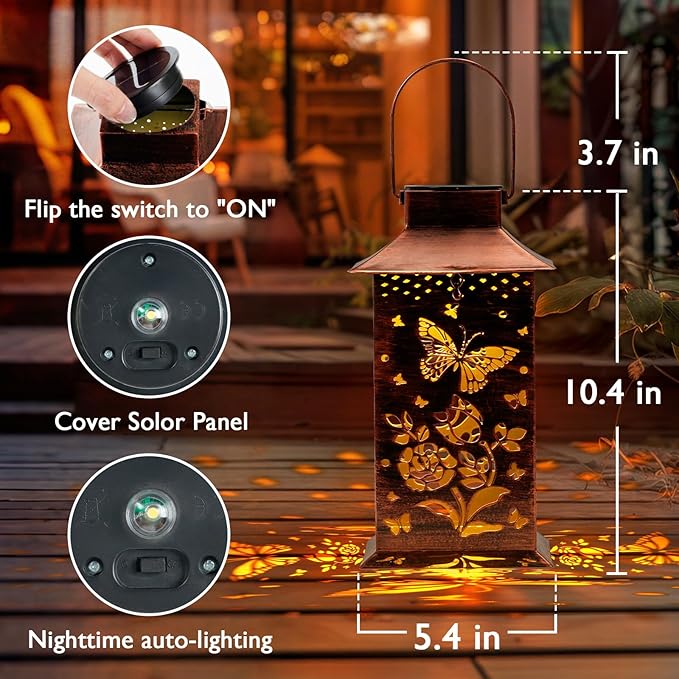 Homemory Butterfly Solar Lanterns Waterproof, Metal Hanging Hollowed-Out Metal Decor Lantern, LED Outdoor Decoration for Outside LED Lanternse for Yard, Backyard, Porch, Lawn