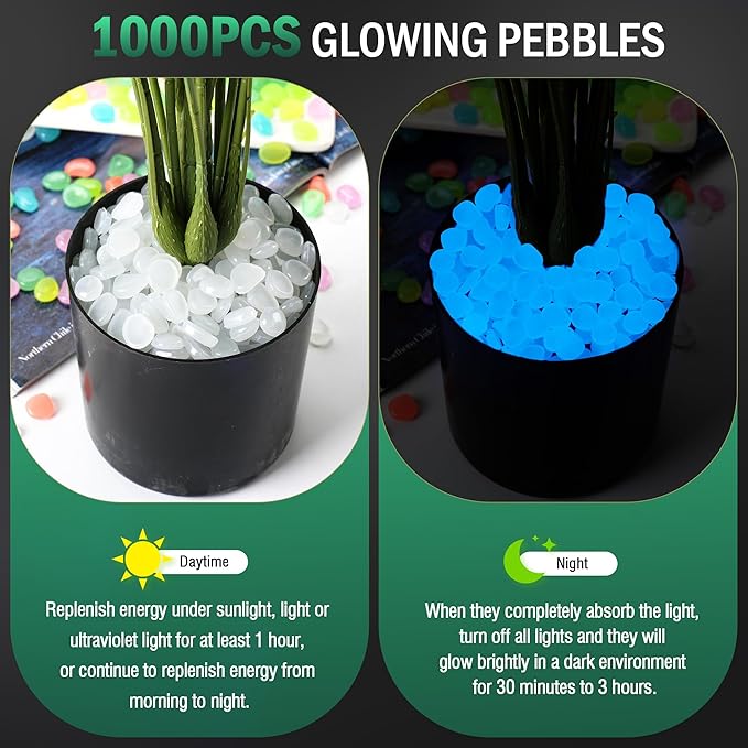 Glow in The Dark Rocks Outdoor Decorative Stones, 1000 PCS White Glows Blue Small Luminous Pebbles for Garden Walkway Fish Tank Aquarium Planter Vase Filler