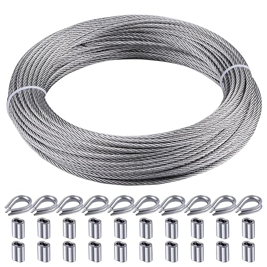 100FT 1/16" Wire Rope Kit, 7x7 Marine Stainless Steel Strand Core, T316 Strength for Hanging, Aircraft, Yard, Garden, Deck Railing, Trellis Wire with Crimping Sleeves, Thimbles