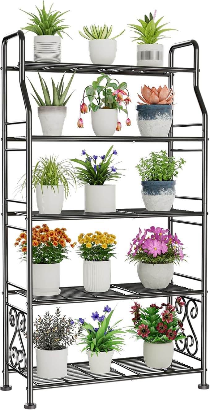 GIOTORENT Plant Stand Outdoor Indoor 5 Tier Metal Waterproof - 53.2" Plant Shelf for Patio, Balcony, Living Room, Large Capacity Tiered Plant Rack, Black
