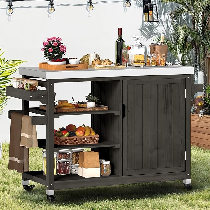DWVO XL Outdoor Grill Table, Solid Wood Storage Table with Stainless Steel Top, Outdoor Kitchen Cart with Storage Cabinet for Patio, Kitchen Prep, Grilling Accessories, Brown