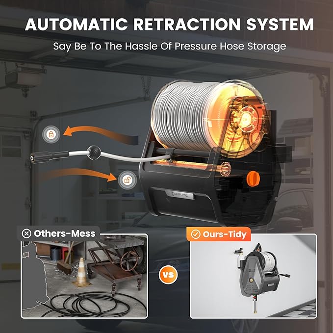 Giraffe Tools Grandfalls Wall Mount Pressure Washer Plus+, Max 2900PSI 2.2 GPM, Electric Power Washer with 100ft Pressure Hose for Car/Patios, Automatic Rewind, Dark Silver