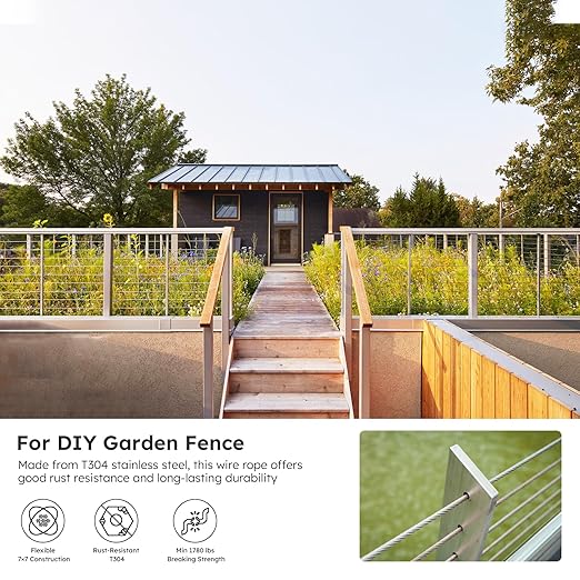 1/8 Inch Stainless Steel Cable Kit 164FT, 7 x 7 Strands Wire Rope with Aluminium Sleeves & Thimbles for Deck Railing, String Light Hanging, Shade Sail, Garden and DIY Projects