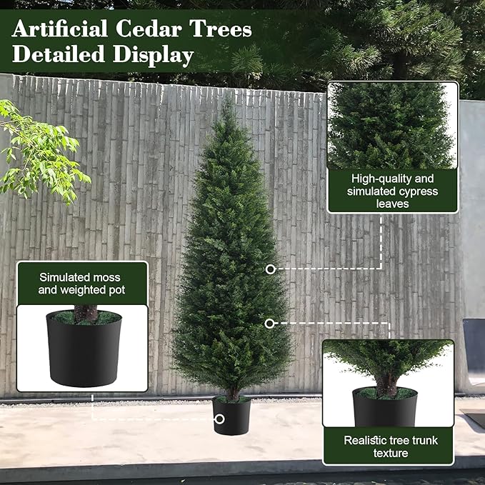 Two 4ft Artificial Plants Topairy Faux Cedar Trees for Outdoor Planters, 48IN Tall Fake Pine Bushes UV Resistant Large Potted Shrubs for Front Porch Décor