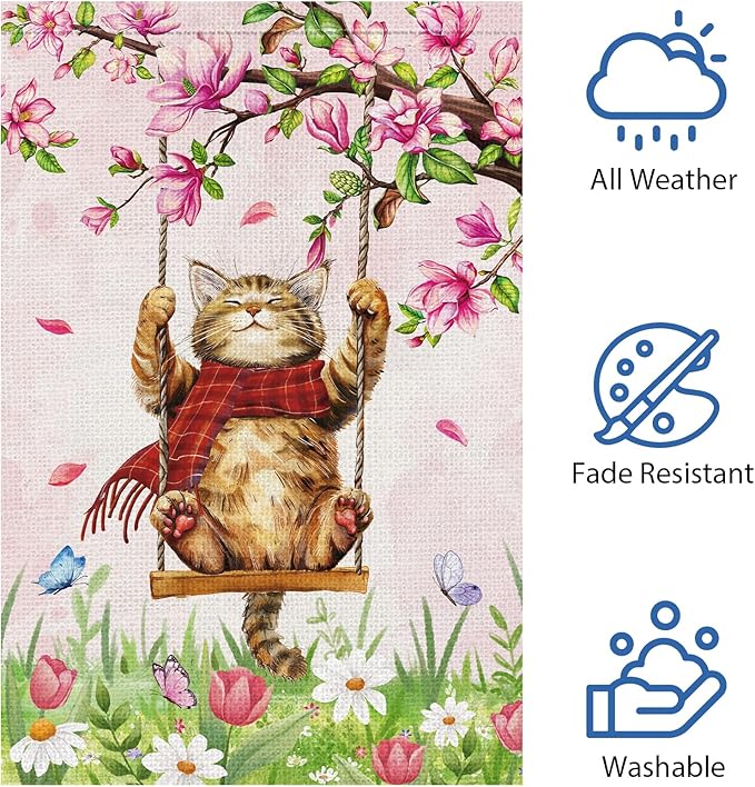 Heyfibro Spring Cute Cat Welcome Garden Flag 28x40 Inch Double Sided Burlap, Summer Magnolia Butterfly Flower Floral Yard Banner for Seasonal Holiday Farmhouse Outdoor Decor(ONLY FLAG)