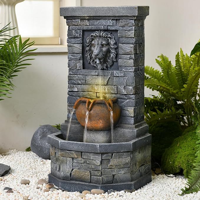 42'' Outdoor Garden Floor-Standing Water Fountain Lion Head Stone with Lights Outdoor Waterfall for Patio, Backyard, Deck, Porch and Home Art Decor