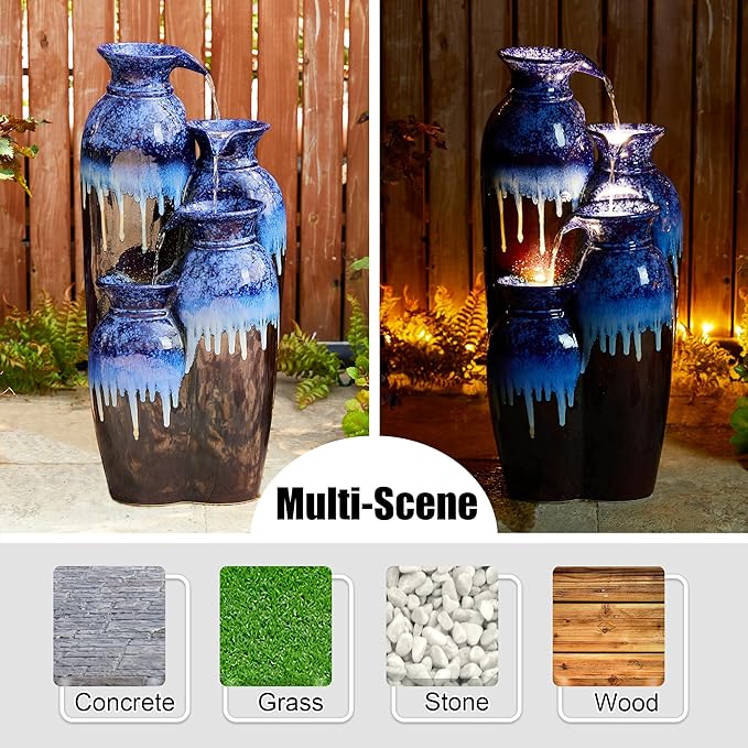 Glitzhome 30.75" H Vase Ceramic Outdoor Water Fountain with LED Lights and Pump, 4-Tier Cobalt Blue and Brown Reactive Glaze Cascading Pots Standing Fountain for Porch Deck Garden Patio Backyard