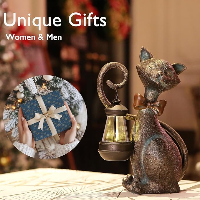 Whimsical Solar Cat Statue with Solar Lantern - Unique Outdoor Garden Decor for Patio, Balcony, and Yard Lights - Ideal Valentines Day Birthday Gifts for Mom, Grandma, Women, Men, and Cat Lovers