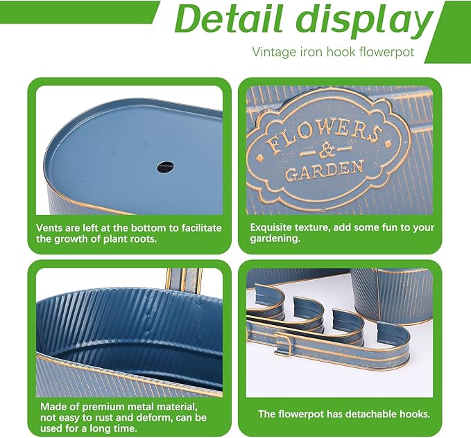 PerGar Vintage Metal Iron Wall Hanging Flower Pots, Rustic Planter Bucket Herb Flower Plant Holder with Detachable Hooks & Drainage Hole for Railing Fence Balcony Deck Garden Home Decoration, Set of 3