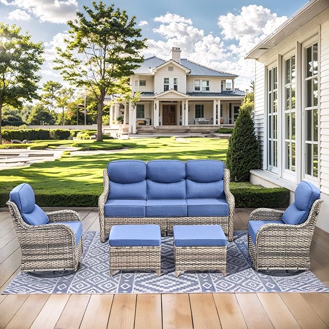 HUMMUH Wicker Patio Furniture Set 6 Inch Thick Cushion Outdoor Swivel Rocker Patio Chairs with Deep Seat Sofa 5PCS Outdoor Furniture Set for Porch Garden Deck