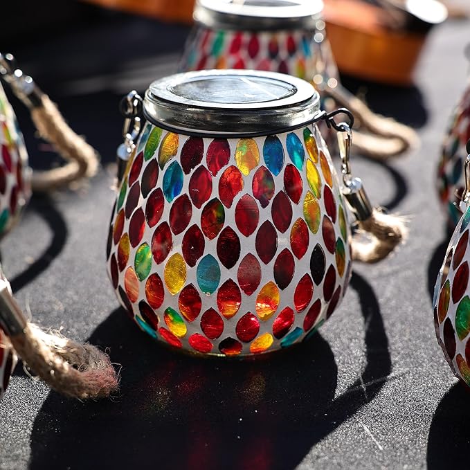 Cooo 2 Pack Mosaic Solar Lantern Outdoor Waterproof IP68 Hanging Projection Light Hidden Lid Pear-Shaped Lantern with Rope Handle Solar Powered Auto On for Patio Garden Fence Table - Crimson Ember