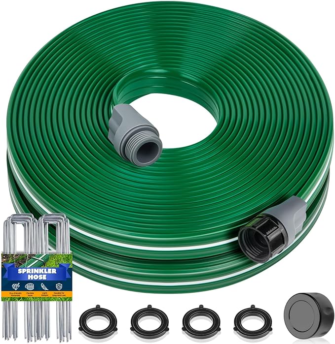 Jin&Bao Sprinkler Hose with Holes 25FT, Heavy Duty Watering Garden Hose, High-Efficiency Sprinklers System for Lawn and Garden with Staples