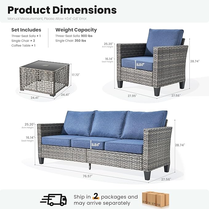 ovios 4 Pieces Patio Furniture Set Outdoor Sofa Couch with Solar Lights Table Comfy Cushions, Modern Deep Seat Wicker Rattan Conversation Set for Porch Deck, Denim Blue