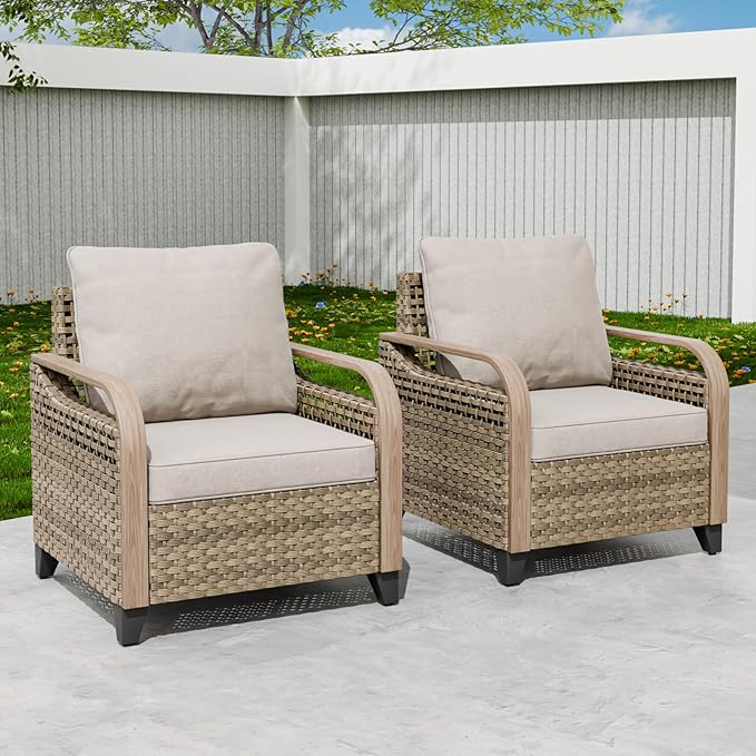 EAGLE PEAK Modern Wicker Outdoor Chair, Patio Chair Curved Armrest, Rattan Patio Furniture for Yard Deck Porch Garden, 2 Chairs, Brown/Gray