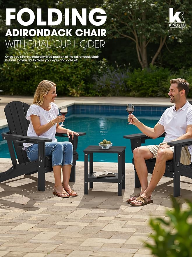 KINGYES Folding Adirondack Chair Set of 2, Dual Cup Holders & All-Weather HDPE, Wood-Like Patio Chair for Backyard, Camping, Pool & Fire Pit, Black