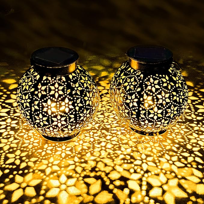 2 Pack Outdoor Solar Lantern Lights, Waterproof Tabletop LED Moroccan Lanterns, Hanging Metal Decorative Garden Lights for Patio, Lawn, Porch, Backyard