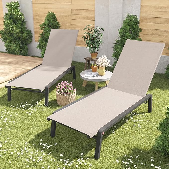 Patio Chaise Lounge Set of 2 with 4 Adjustable Backrest, Foldable Aluminum Chaise Lounge Chair Recliner for Outdoor, Poolside, Sun Tanning Beige