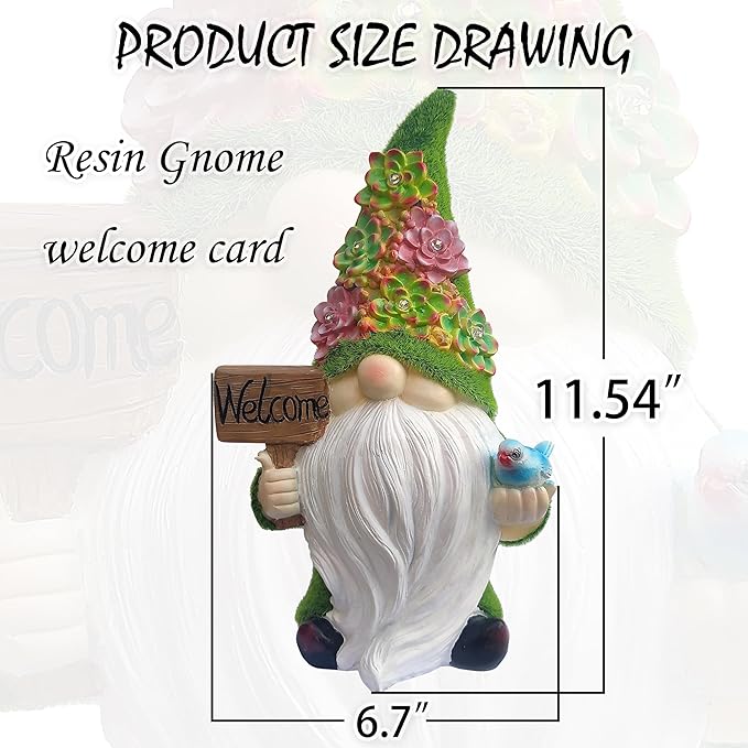 Solar Gnomes Garden Statues,Resin Gnome Figurine Holding Welcome Card and Bird with Solar Lights, Outdoor Gnomes Decorations for Yard Patio Lawn Porch, Garden Gifts