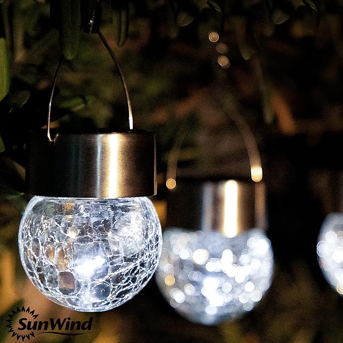 SUNWIND Hanging Solar Ball Lights Outdoor - 8 Pack Cracked Glass Decorative Garden Lights Waterproof Solar Lanterns for Yard, Patio, Fence, Tree, or Holiday Decoration(White)