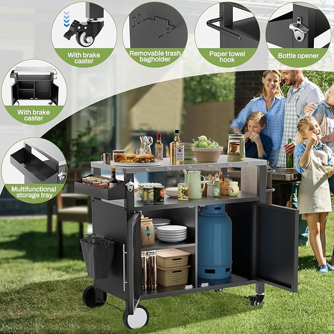 Outdoor Grill Cart with Patio Furniture, Outdoor Grill Table with Storage,Rolling Bar Cart Outdoor BBQ Cart with Hooks and Spice Rack for Grilling Accessories(Double Door, Black)