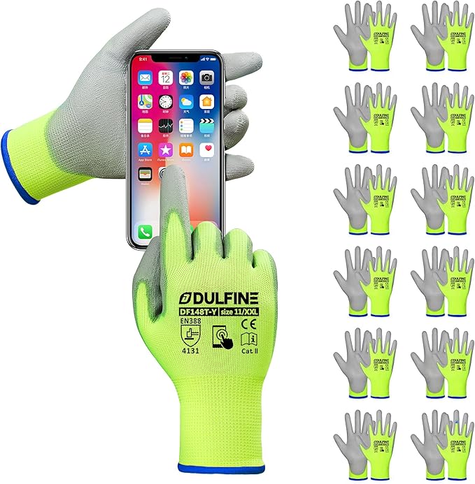 DULFINE Safety Work Gloves PU Coated for Men and Women-12 Pairs,Hi-Vis Seamless Knit Glove with Two Fingers Touchscreen,Ideal for General Duty Work (XX-Large)