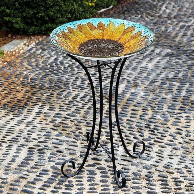 Glass Bird Bath Garden Hand Painted With Crushed Glass Bowl - Large Wild Bird Feeder for Garden, Yard, Patio, Lawn Decor - 18 x 2 x 18 Inches, 64oz